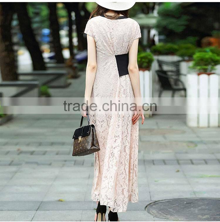 Maxnegio fashion lace patchwork maxi short sleeve lace casual dress