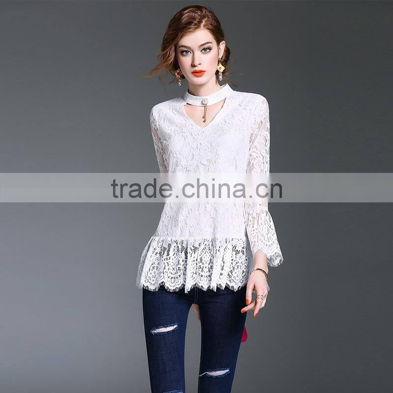 Maxnegio Lotus leaf sleeves top tee white lace t-shirts blouse neck patterns