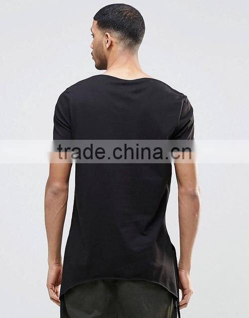 Hip hop style super longline curved hem 100% cotton breathable men black t-shirt wholesale