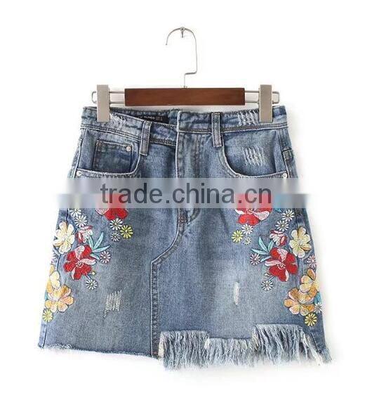 Runwaylover 131 Ladies 2017 Fashion High Waist Embroidery Denim Skirt