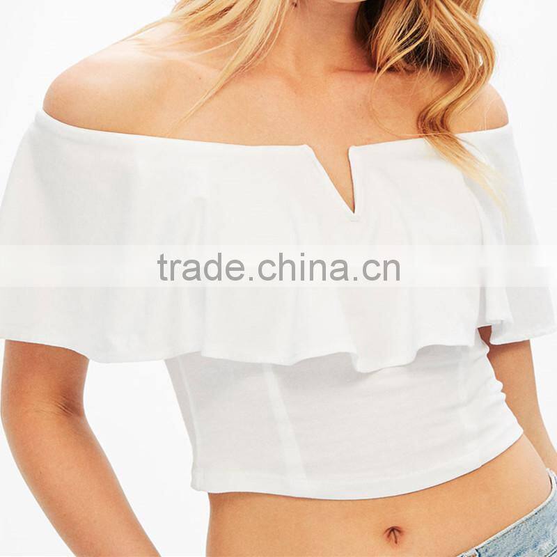 2017 Summer popular ladies sexy bardot neckline ruffled T-shirt