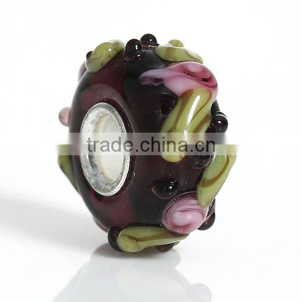 Custom Round Silver Tone Core Flower Leaves Purple European Style Large Hole Lampwork Glass Beads