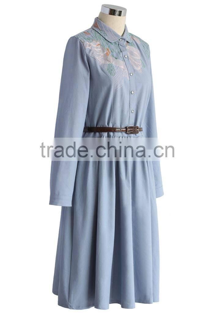 latest design blank dress .belted cotton dress, women ladies casual long dress