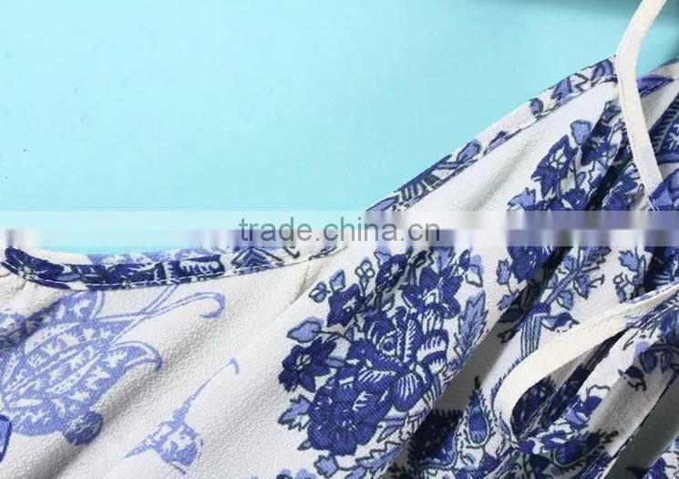2017 new model summer dress women off shoulder straight loose blue and white porcelain printed dress