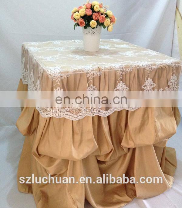 Champagne Satin and Lace Banquet Gathered Table Skirts
