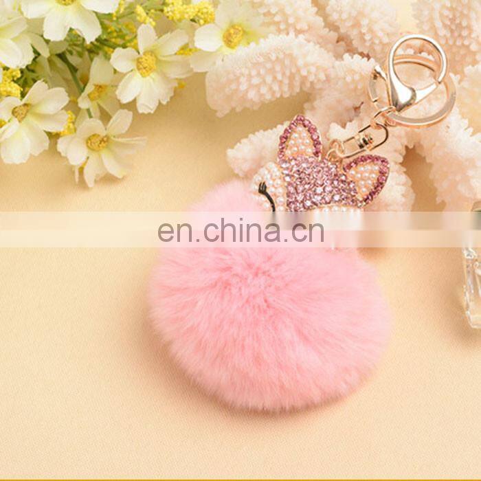 Diamond Animal With 8cm Real Rabbit Fur Pompom Keyring Key Chain