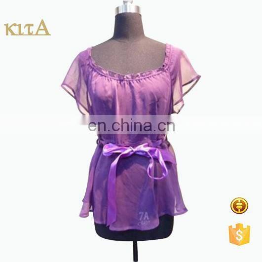 women fashion summer slim belt purple short sleeve peplum chiffon blouse