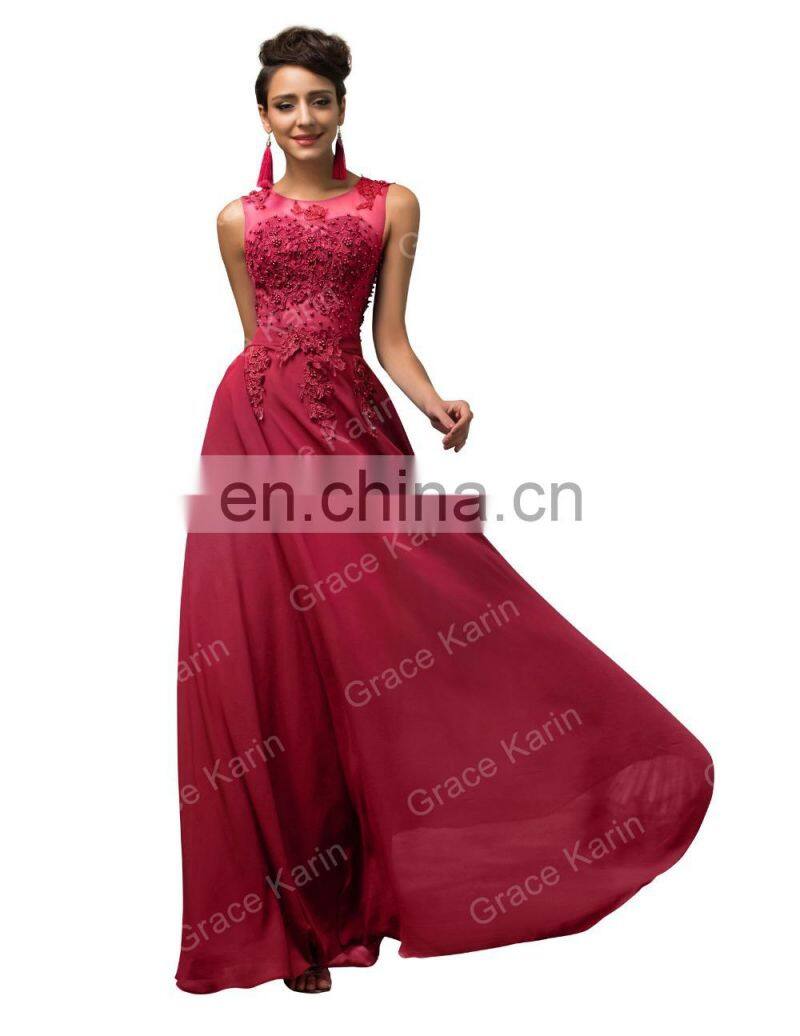 Grace Karin Long A-line Chiffon Sleeveless Women Formal Wine Red Prom Dress abendkleider CL007555-5