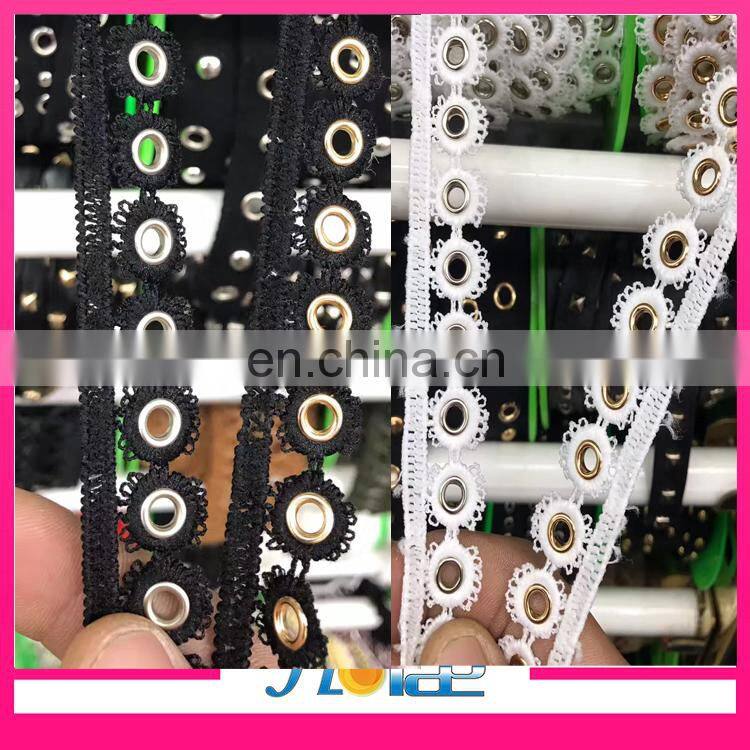 Latest design gold metal grommet eyelet black polyester lace trimming for garment and shoe