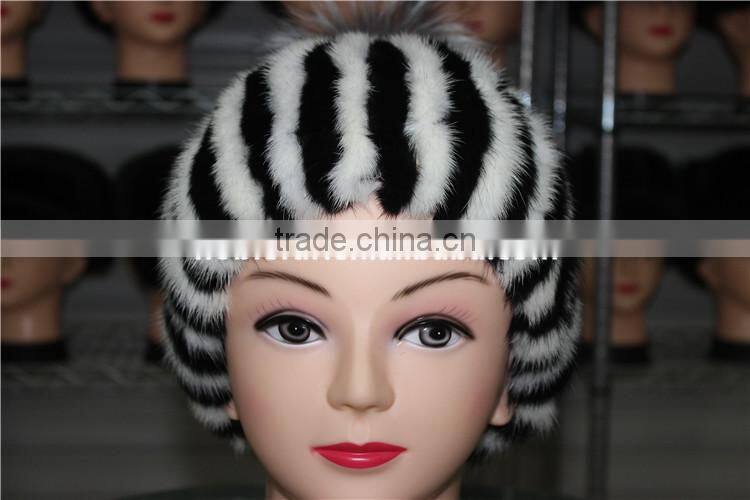 Women Beanies Real Stripe Knitted Mink Fur Caps With Top Silver Fox Fur Ball Hats