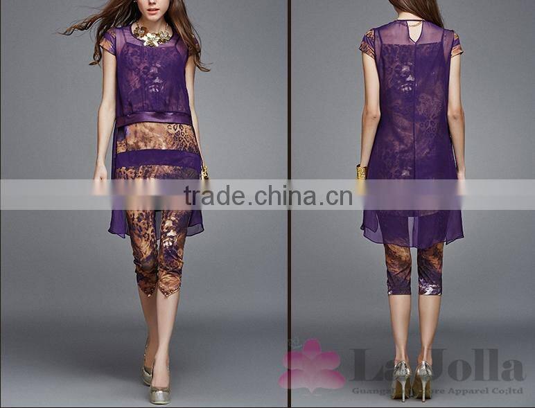 2016 Summer Fashion Ladies Leopard False two-piece Sexy short sleeves T-shirt 138