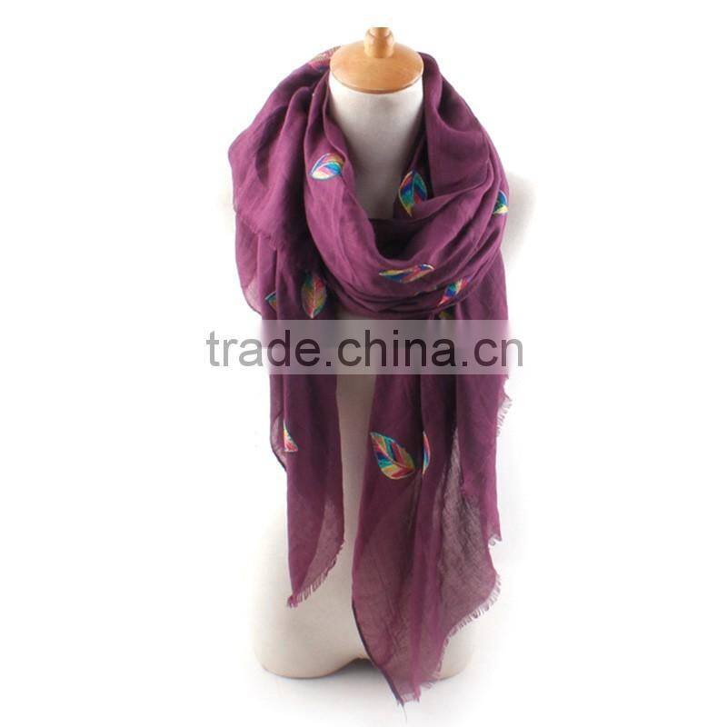 2016 Spring Newest Colorful Leaf Hand Embroidery Designs Cotton Scarves