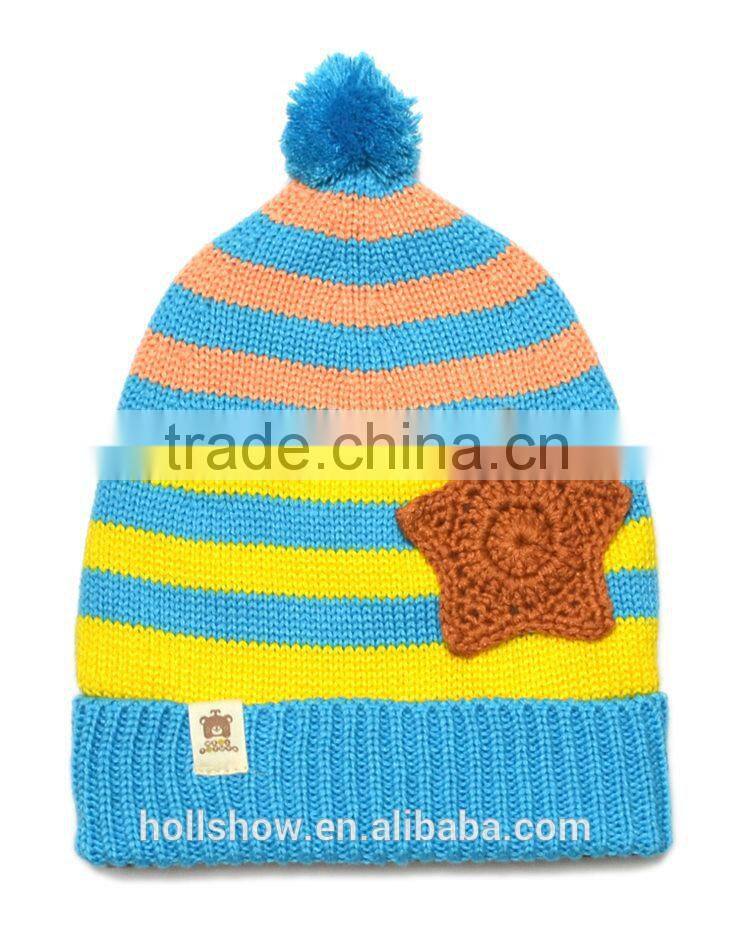 Hot Selling Star Applique Baby Boys Girls Stripe Knitted Pom Pom Baby Beanie Cap