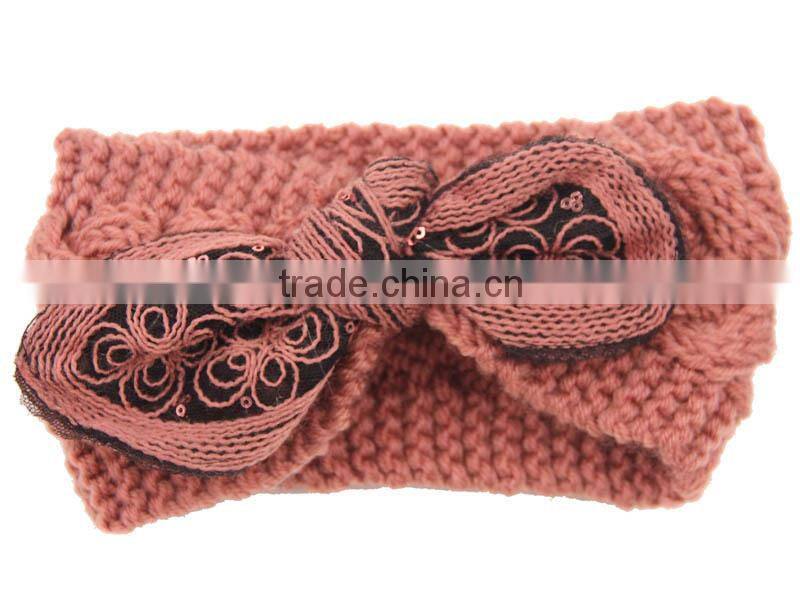 2015 Winter Newest Charm Women's Christmas Gift Knit Elastic Bow Knot Lace Flower Headband