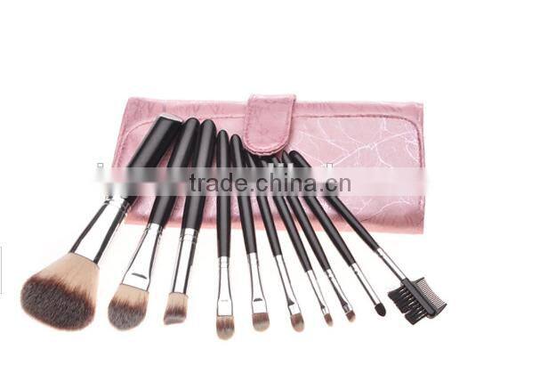black/silver 10 piece fiber hair makeup brush set with pink pouch