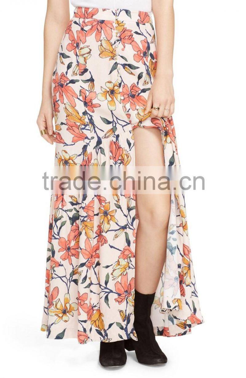 Alibaba hot sell flower print front split maxi skirt fancy skirt top designs