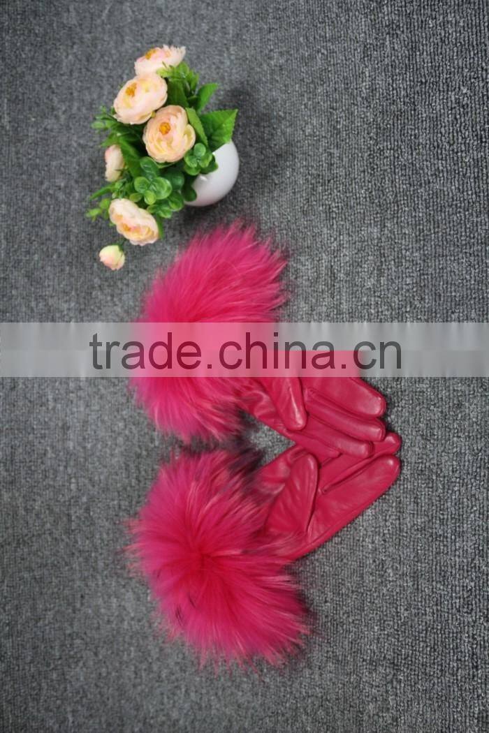Fashion lady leather glove fur cuff glove fox leather glove hot sale