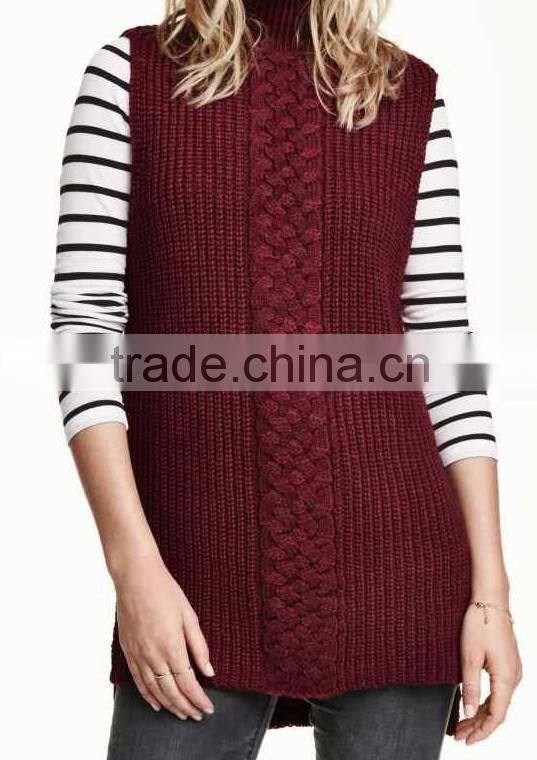 New product launch ladies' high collar neck vest pullover knitted sweater with front cable