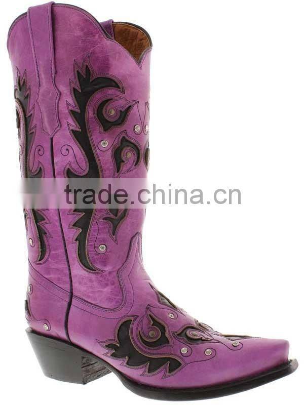 Women's New Purple Black Overlay Western Cowgirl Boots Rhinestones Studded Shaft