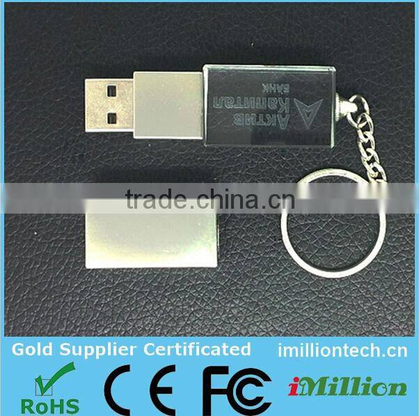 3D logo engraved crystal usb flash drive with keychain with ring for keys