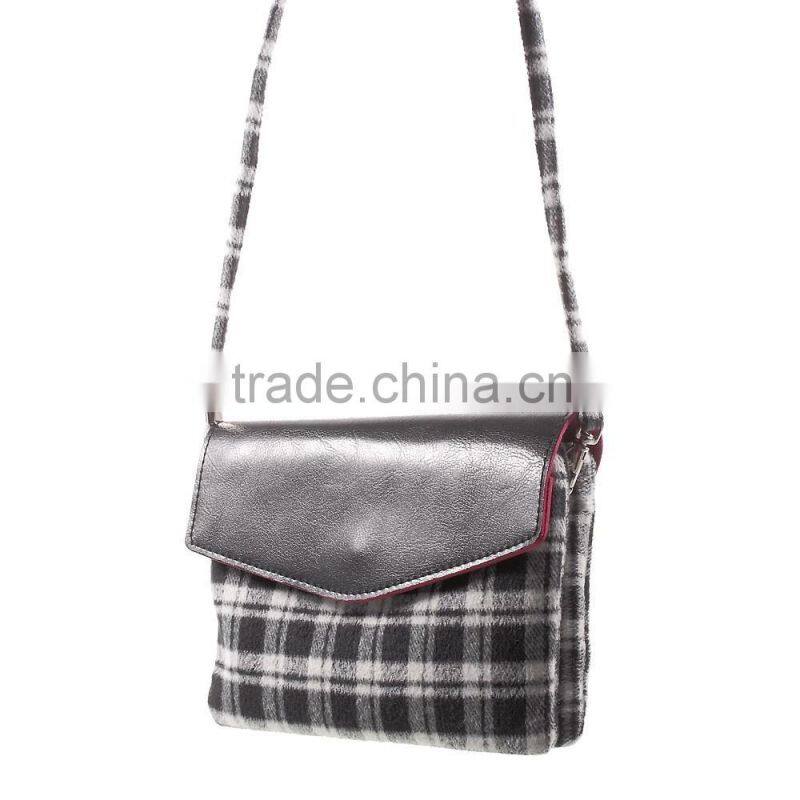 Check Pattern Lint and Leather Hybrid Bag for Smart Phones with Strap Size: 19 x 12cm(L x W)