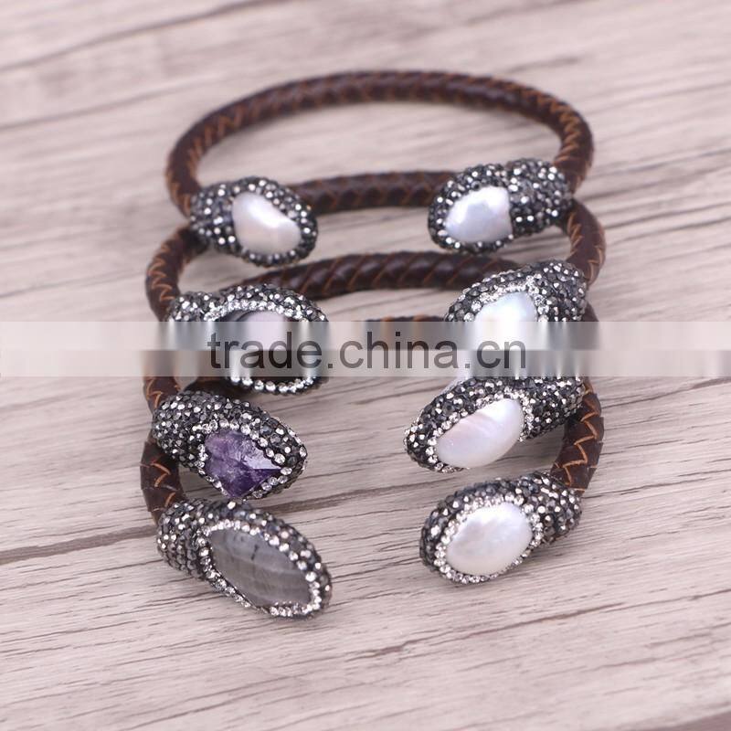 Natural Freshwater Pearl / Tiger Eye / Amethyst / Labradorite Stone Bangle Bracelet, Leather Cord DruzyJewelry Cuff Bangle