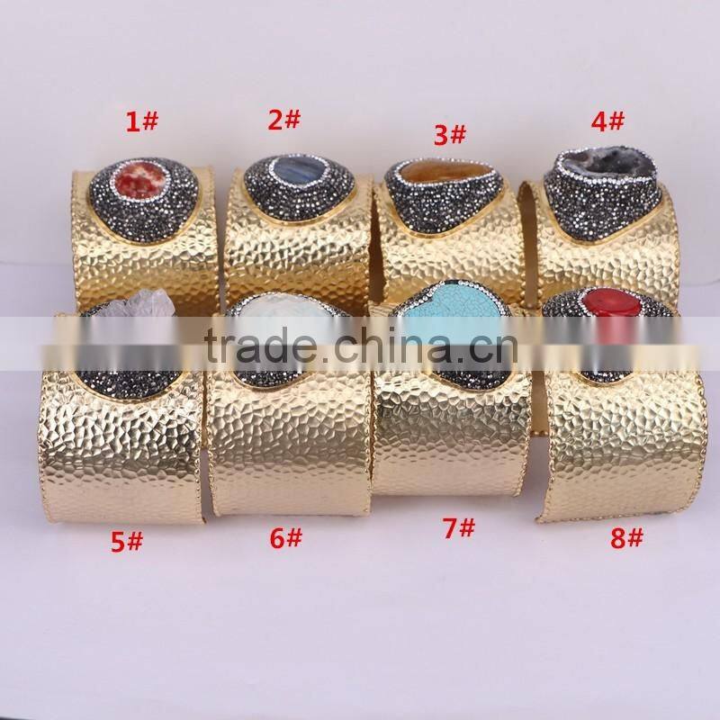 Metal Brass Gold Bangles Turquoise Amazon Agate Geode Rutilated Quartz Gem Stone Bangles Pave Crystal Druzy Bangles