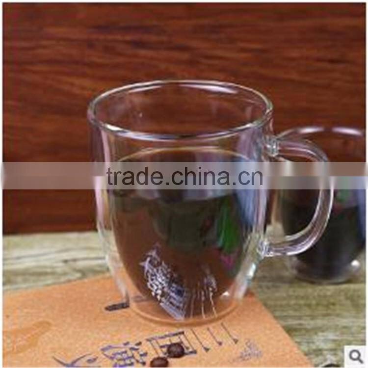 100% Lead free heat resistant borosilicate double wall glass coffee/milk cup with handle in stock