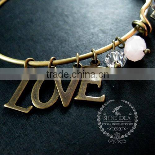vintage bronze antiqued envelope locket love letter pink glass beads wish charms fashion women wiring bangle bracelet 6450028