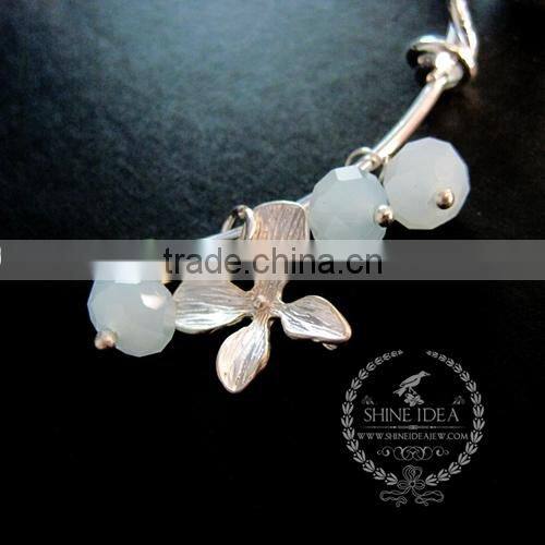 silver flower round ball photo locket ice blue glass beads orchid flower charms fashion women wiring bangle bracelet 6440015