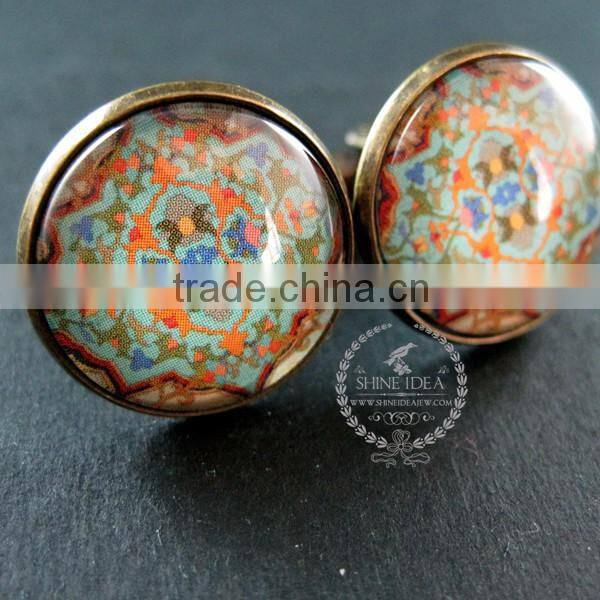 20mm vintage style antiqued bronze morocco style art collage glass cabochon round cufflinks fashion wedding cuff link 6600046