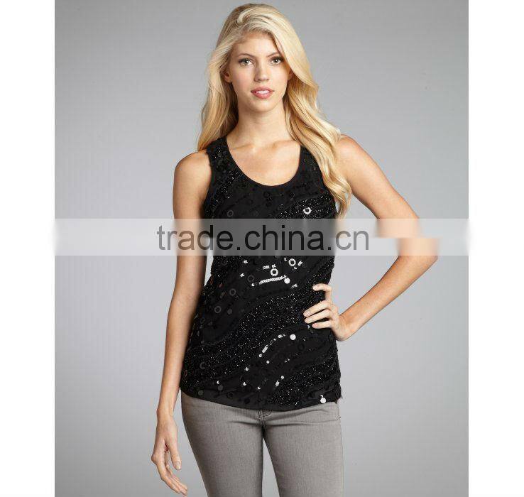 China Wholesale Tank TopS women black cool style sequin beading ladies tops images