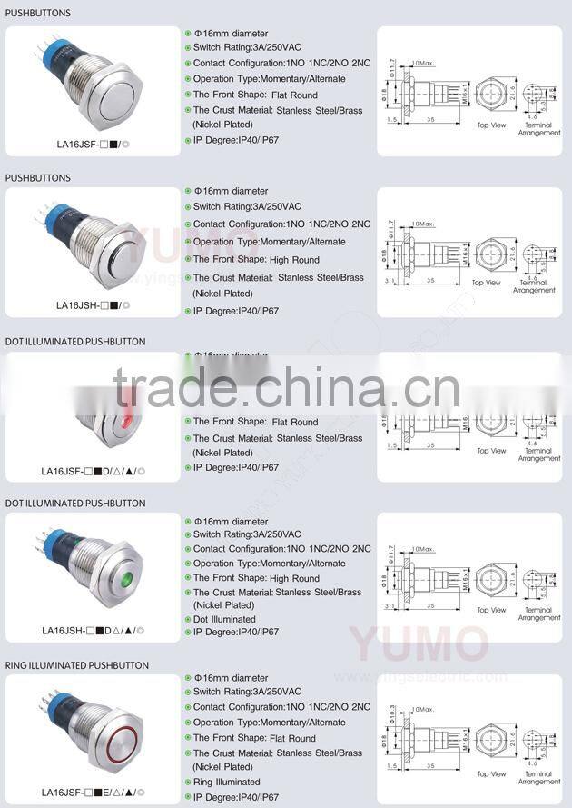 LA16JSF-11E-IP67-S ROHS 16mm flat round 1NO1NC momentary screw terminal 2A/36VDC push button membrane switch with 3m adhesive