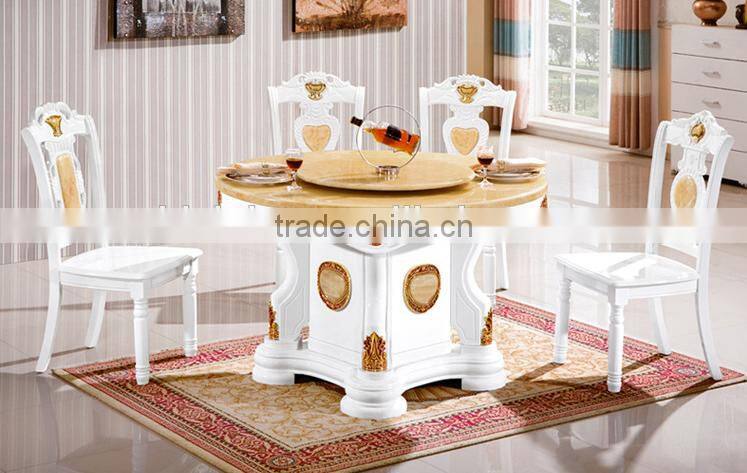 Chinese style dining room furniture, solid wood white and gold color marble top lazy susan diing table