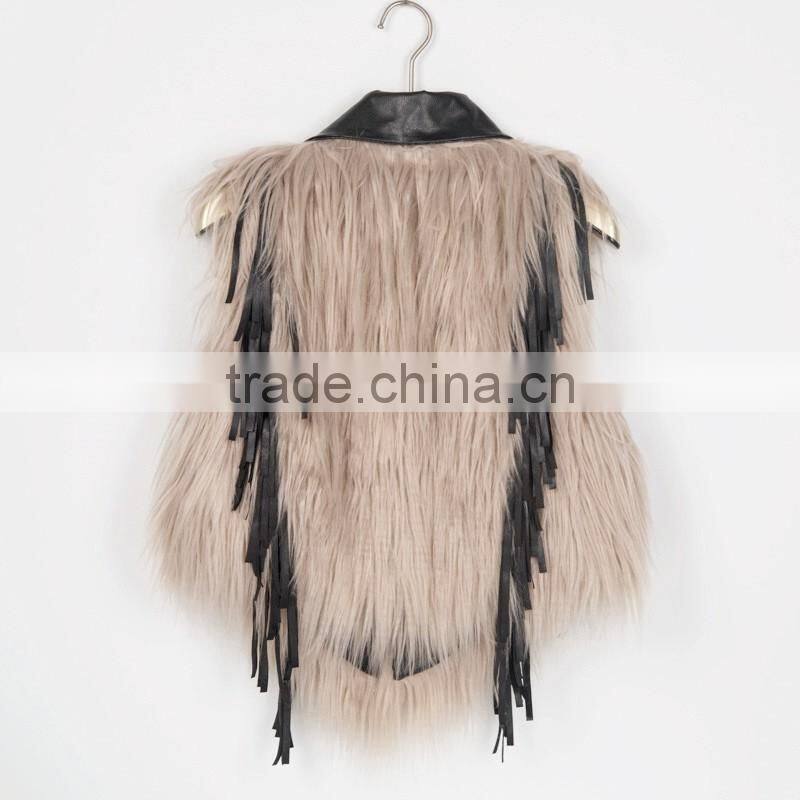2016 new European style leather splicing faux fur vest woman dress