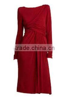 lady sexy red evening dress/boat neck ruffle cuff self belt pleats tea length sexy lady club wear dress