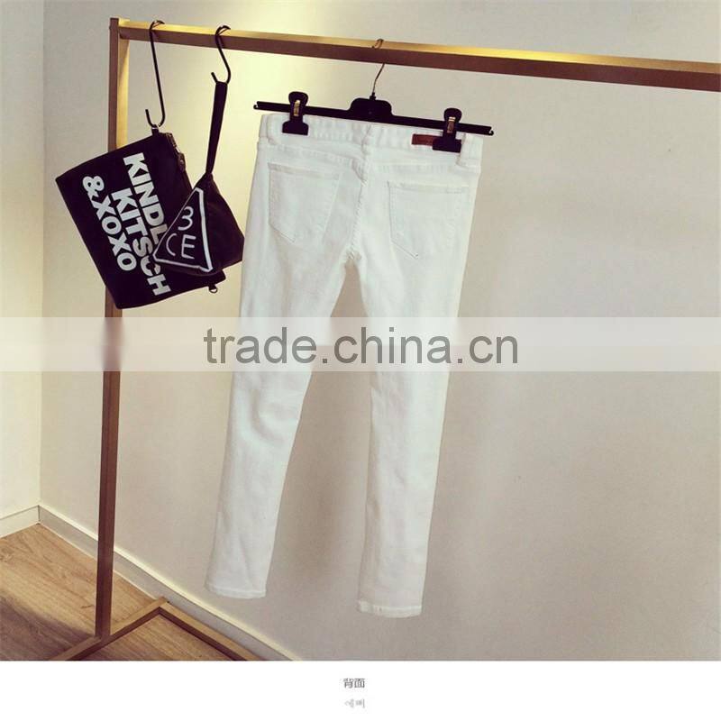 New Women's Fashion Straight Jeans Ripped Holes Female Long Term Mid Waist Cotton Washed Denim Pants