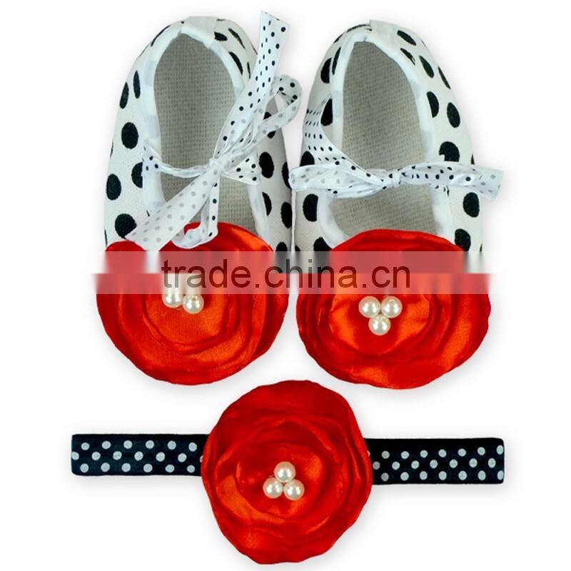 Fancy Polka Dot Floral Newborn Crib Shoes Baby Shoes Matching Headband