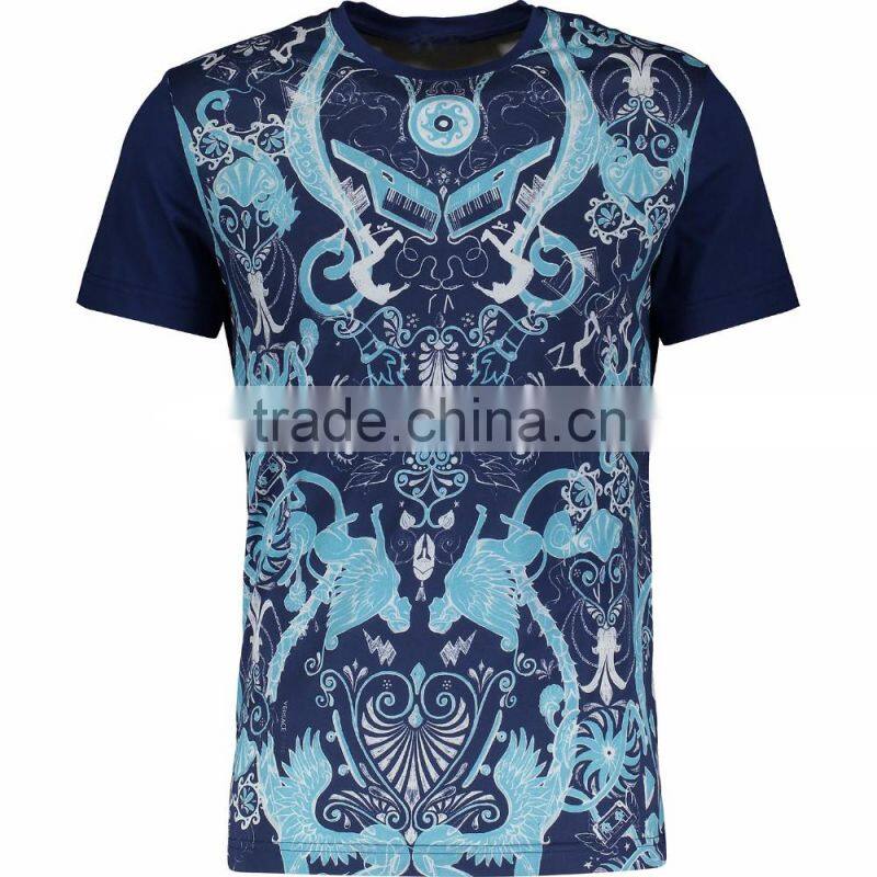 Mens Navy Short Sleevel O-Neck Full Patterned T-Shirt Wholesale