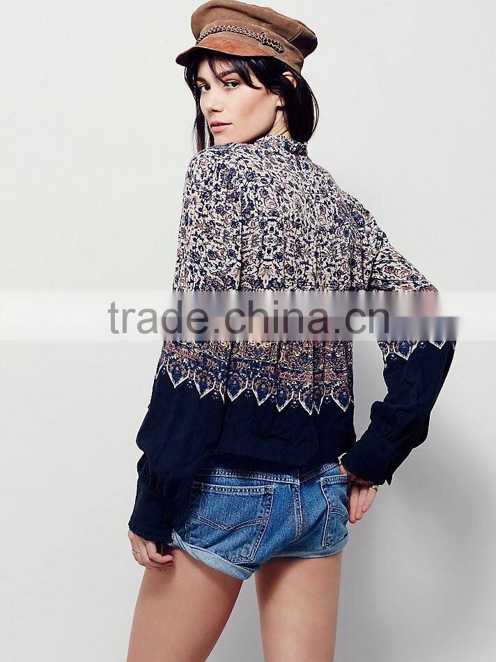 2016 Guangzhou Shandao Supplier OEM Custom Design Spring Women Long Sleeve V Neck Vintage Printed Chiffon Blouse Patterns