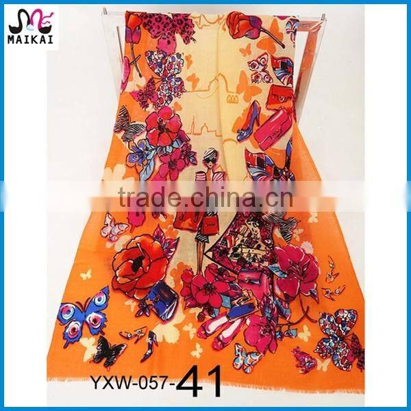 Soft blue floral printing natural 100% wool korea scarf