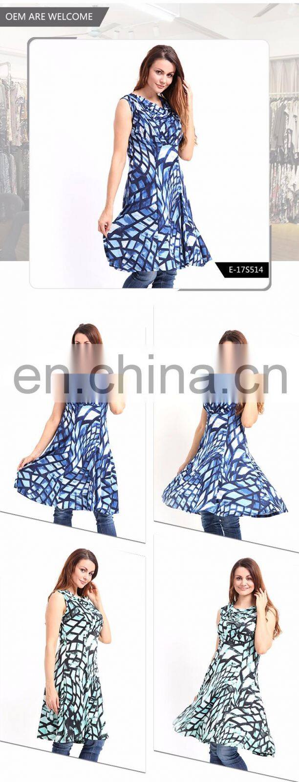 Guangzhou Sleeveless Clothing Women Knee Length Blue Dress
