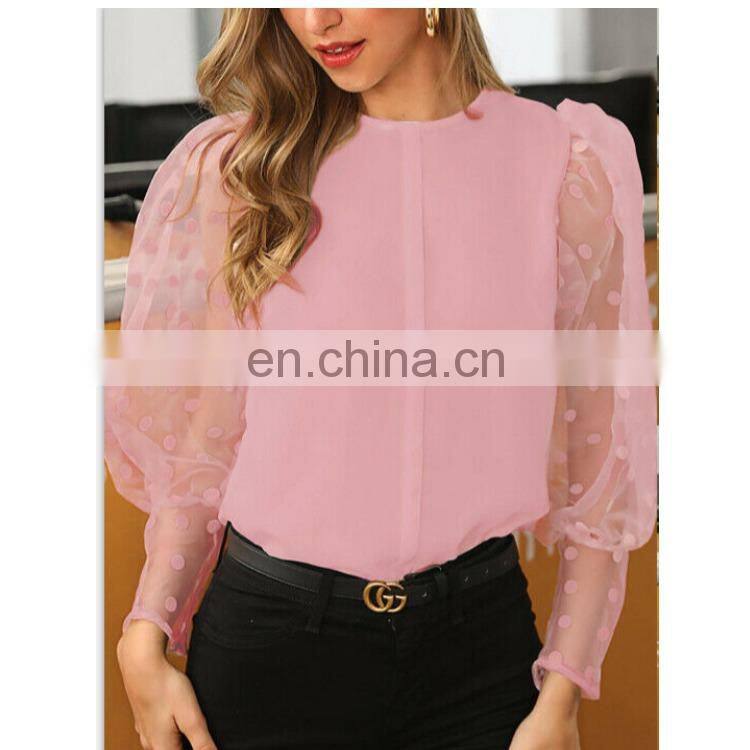 Wholesale top fashion clothes elegant lace wave point fashion lantern sleeve round neck blouses