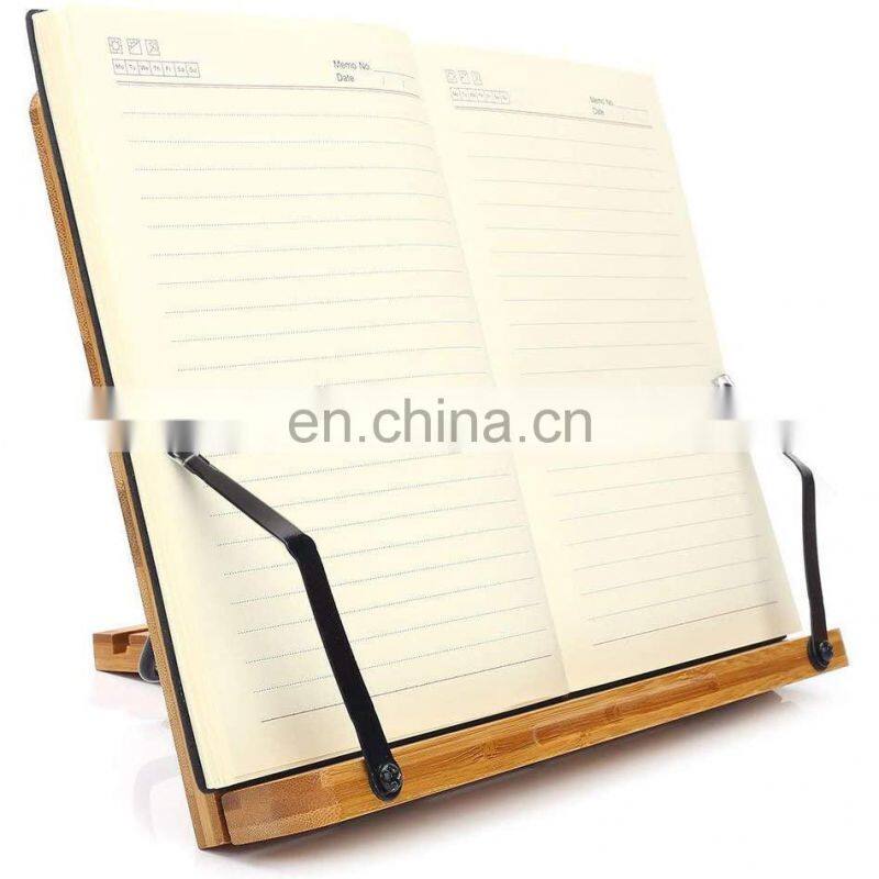 Bamboo Book Stand Adjustable Book Holder Tray and Page Paper Clips-Cookbook Reading Desk Portable Sturdy Lightweight Bookstand-T