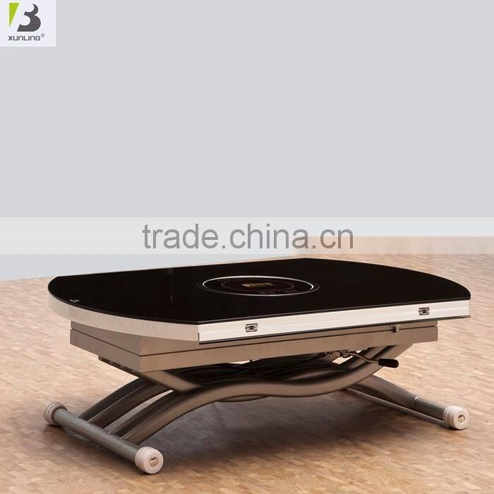 Adjustable Height Coffee Table Furniture Round Glass Cross Leg Dining Table