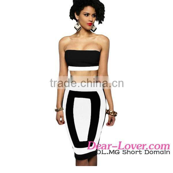 White Bandeau Color-block women Two Pieces skirt and crop top set
