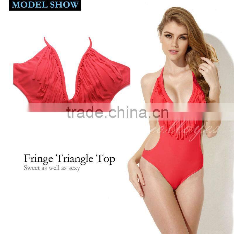 2016 New Sexy Red One-piece Swimsuit with Fringe and Side Cut-outs Colloyes