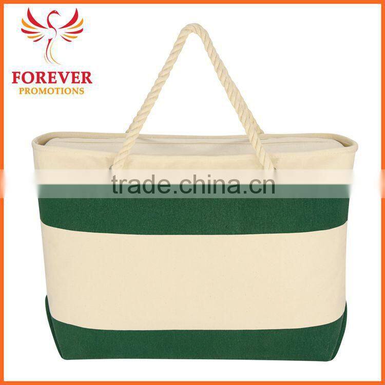 Custom Logo Print Top Zippered Closure Canvas Tote Bag With Rope Handles