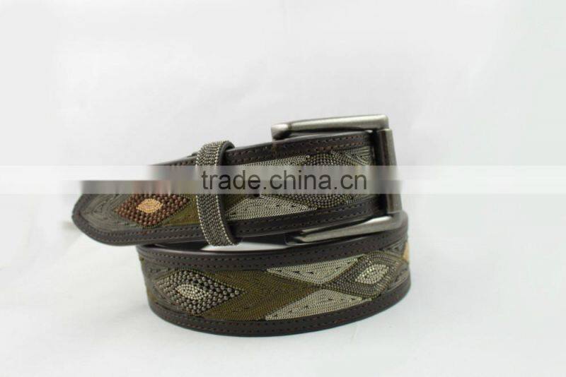 2015 New Design Western Rock N Roll Style Men's Beaded Geniune Leather Belt