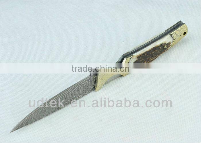 Antler + Brass Handle OEM Damascus Steel Folding Knife Collection Knife Hand Tool UDTEK01304